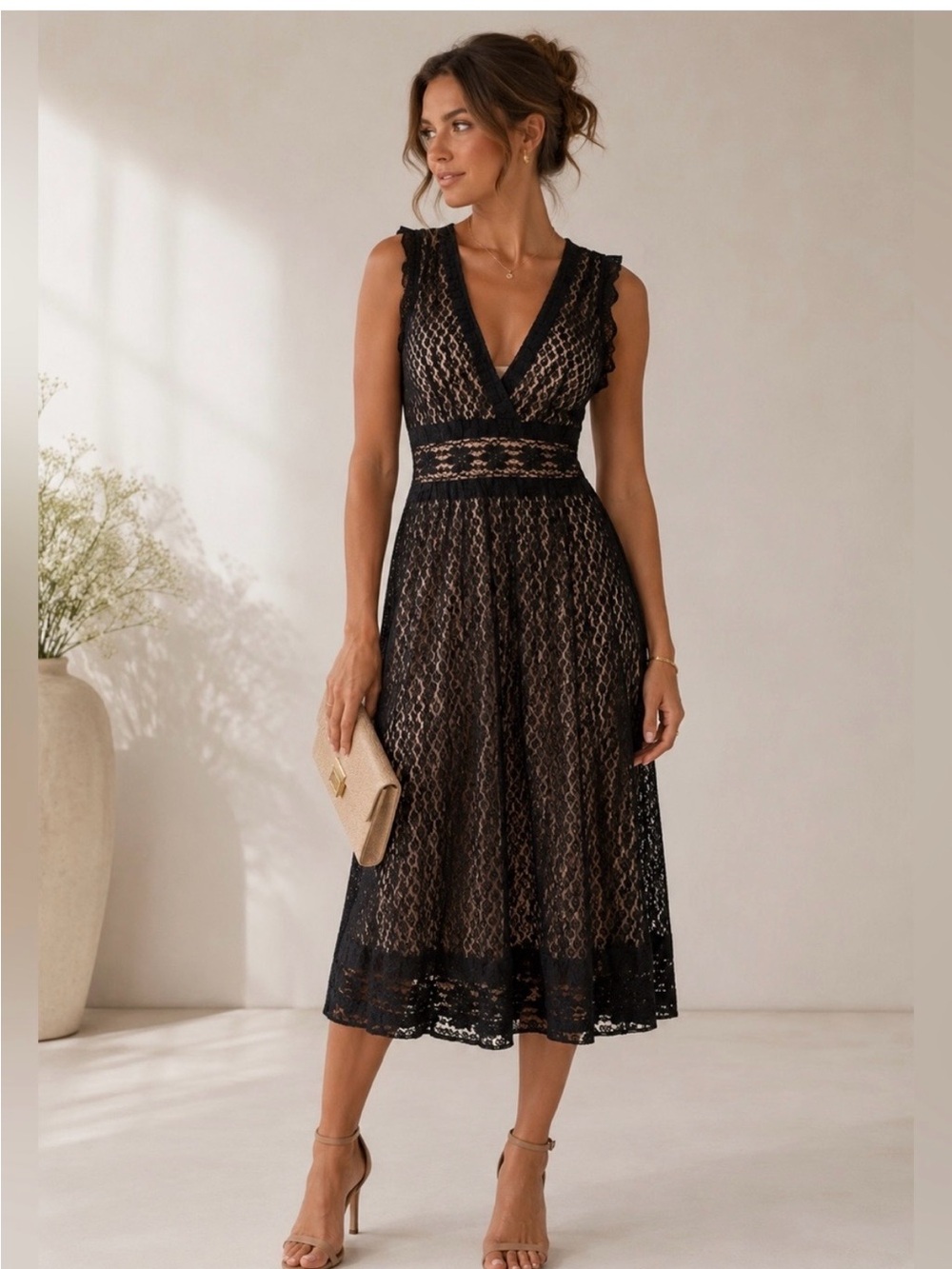 Max Studio Black Beige Lace Midi L Dress Romantic Euro Summer NWT